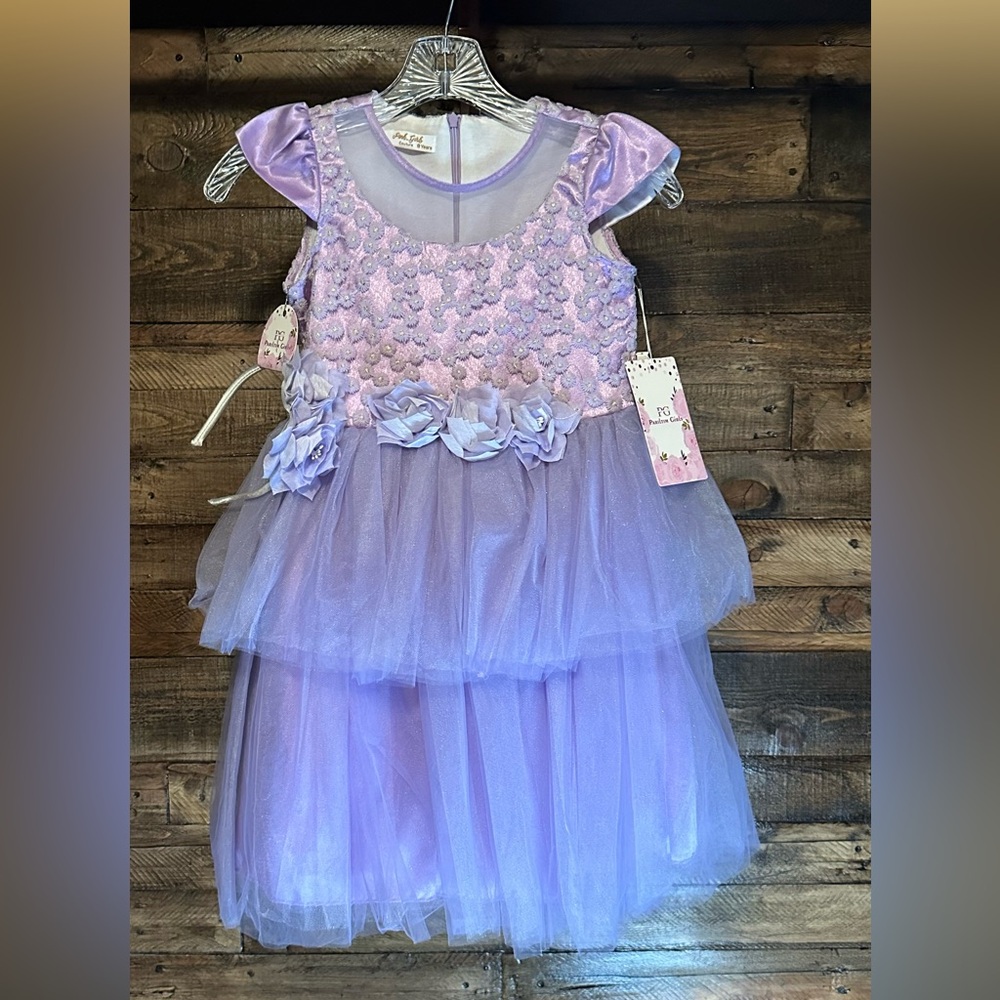 PINK GIRLS Lavender Tulle Dress with Floral Accents
